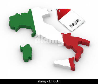 Italien-3D-Karte mit Nationalflagge und Preisschild, 3d illustration Stockfoto