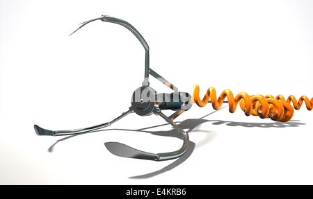 Eine offene Metall Roboter Klaue aus ein Arcadespiel Typ verbunden ein orange gewickelten Netzkabel Festlegung auf eine isolierte weiß ba Stockfoto