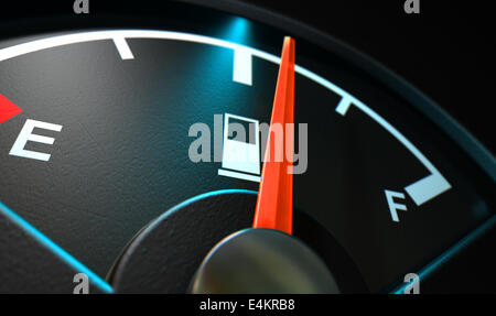 Eine Nahaufnahme von einem hinterleuchteten beleuchtete Gas Gage mit der Nadel zeigt eine halbe voller Tank auf eine isolierte dunklen Hintergrund Stockfoto