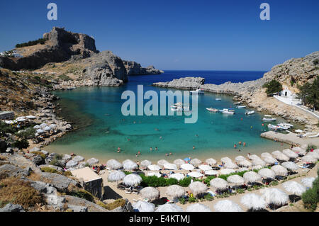 St Pauls Bay, Lindos, Rhodos, Griechenland Stockfoto