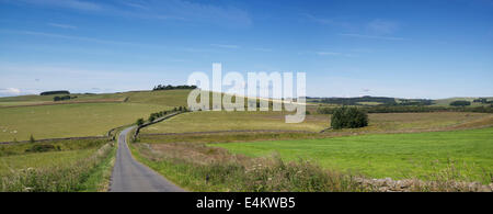 Straße, die durch die Landschaft der schottischen Grenze zu einem Windpark in der Nähe von Galashiels, Schottland. Panorama Stockfoto