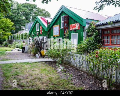 Lion Boathouse, Eel Pie Island, Twickenham, Greater London, Großbritannien. Neu lackierte grüne und weiße Wellblech-Außenseite und alte Werbeschilder Stockfoto