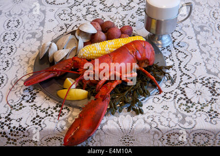 Traditionelle New England Clambake einschließlich Hummer, Muscheln, Kartoffeln und Maiskolben auf einem Zinnteller mit einem Stein Bier. Stockfoto
