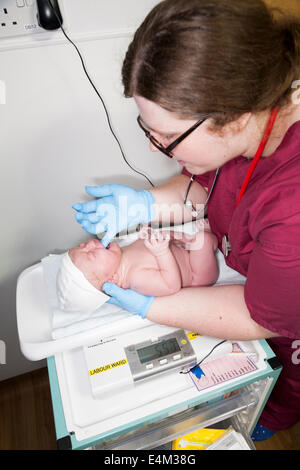 Hebamme führt die körperliche Untersuchung Gesundheit check testen auf Neugeborene / new born Baby nach der Geburt / geboren zu sein. UK Stockfoto