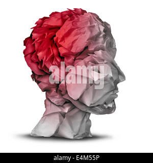 Kopfverletzungen und Schädel-Hirn-Unfall, die medizinische und psychische Gesundheit Konzept mit einer Gruppe von zerknülltes Papier als eine menschliche Geist mit roten geformt Bereich als ein Symbol der Trauma-Problem hervorgehoben. Stockfoto