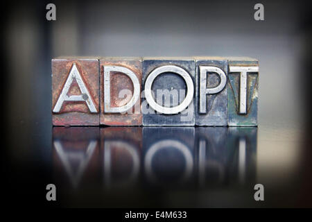 Das Wort ADOPT geschrieben in Vintage Bleisatz-Buchdruck Stockfoto