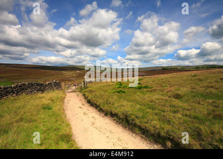 Zwei Wanderer auf Snake Pfad auf dem nahen Moor über Hayfield mit weit entfernten Kinder Scout, Nationalpark Peak District, Derbyshire, England, Großbritannien Stockfoto