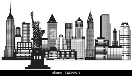 Skyline von New York mit Freiheitsstatue Liberty Black And White Outline Illustration Stockfoto