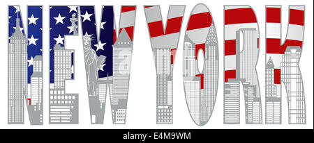 Skyline von New York mit Freiheitsstatue und amerikanische Flagge Text Gliederung Illustration Stockfoto