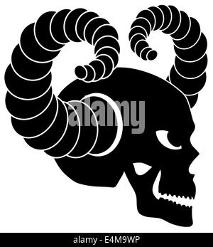 Totenkopf mit Hörnern Seite Ansicht schwarz-weiß Illustration Isolated on White Background Stockfoto