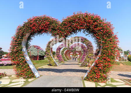 Bögen in Blumen an Dubais Miracle Garden, größte natürliche Blumengarten der Welt bedeckt in Herzform Stockfoto