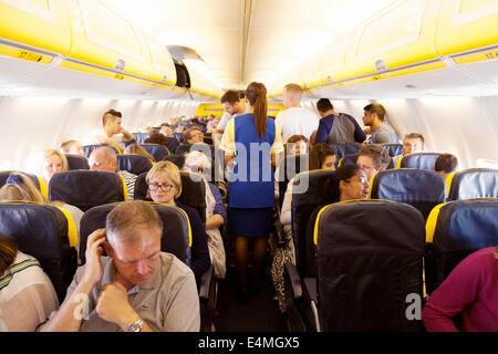 Ryanair Cabin Crew Personal Flugbegleiter arbeiten, Ryanair-Flugzeug-Kabinenausstattung Stockfoto