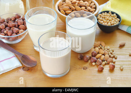 Verschiedene vegane Milch auf einem Tisch. Haselnuss, Mandeln, Reis und Soja Milch. Ersatz für Kuhmilch. Stockfoto