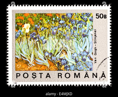 Briefmarke aus Rumänien, die Darstellung der Vincent Van Gogh Malerei eines Feldes von Iris (Centennial des Todes) Stockfoto