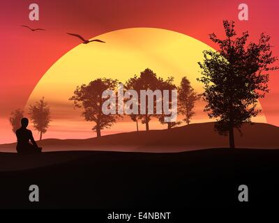 Meditation in der Natur bei Sonnenuntergang Stockfoto
