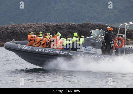 Mit dem Schnellboot Trollfjord, Lofoten Inseln, Norwegen Stockfoto