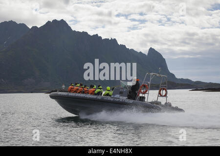 Mit dem Schnellboot Trollfjord, Lofoten Inseln, Norwegen Stockfoto