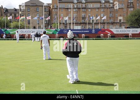 Kelvingrove Lawn Bowls Center, Glasgow, Schottland, Großbritannien, Dienstag, 15th. Juli 2014. Mit 8 Tagen bis zur Eröffnungszeremonie der Commonwealth Games 2014 nutzen die Teams die Spielstätten für das Training mit Mitgliedern des Teams Indien, die hier zu sehen sind Stockfoto