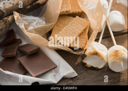 Studioaufnahme von gerösteten Marshmallows, Schokolade und Graham Cracker Stockfoto