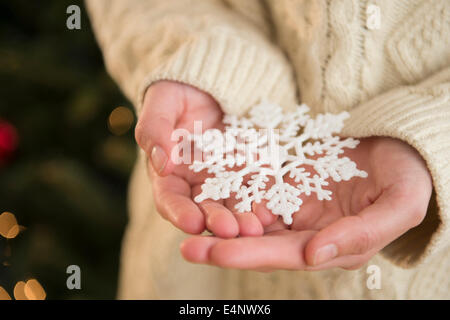 Studioaufnahme von Schneeflocke auf weiblichen Händen Stockfoto