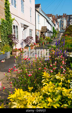 Blume-Anzeige im unteren breiten Straße, Ludlow, Shropshire, England. Stockfoto