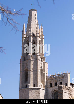 Turm der Basilika Parroquial de Sant Feliu. Die geradezu modern aussehende Glockenturm der Basilika unterhalb der Kathedrale Stockfoto