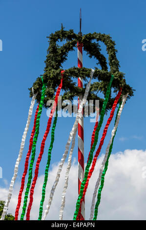 Maibaum, errichtet von der örtlichen Freiwilligen Feuerwehr, Stockfoto