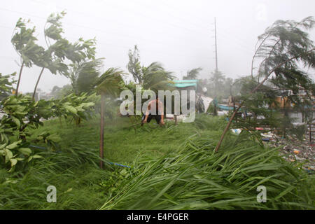 Provinz Cavite, Philippinen. 16. Juli 2014. Ein Mann hält an einem Seil, wie er die starken Winden von Taifun Rammasun Provinz Cavite, Philippinen, 16. Juli 2014 trotzt. Mindestens 5 Personen wurden getötet, nach dem Ansturm der Taifun Rammasun (lokaler Name: Glenda) die gelähmt der philippinischen Hauptstadt von Metro Manila am Mittwoch. Bildnachweis: Rouelle Umali/Xinhua/Alamy Live-Nachrichten Stockfoto