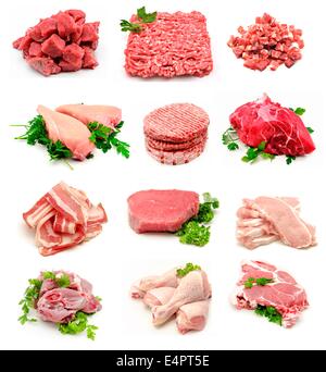 Collage aus verschiedenen Arten von rohem Fleisch auf weißem Hintergrund Stockfoto