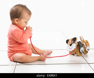 Baby Girl (8 Monate) Reihe von Spielzeug ziehen entlang Hund halten Stockfoto