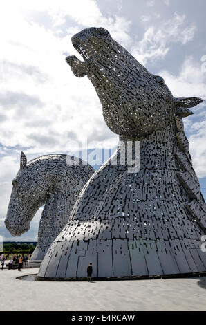 Die Kelpies, 30 Meter hohe Sculpture von Clydesdale Pferdeköpfe an The Helix, in der Nähe von Falkirk in Zentral-Schottland. Stockfoto