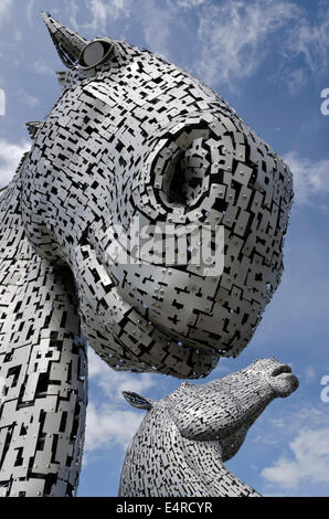 Die Kelpies, 30 Meter hohe Sculpture von Clydesdale Pferdeköpfe an The Helix, in der Nähe von Falkirk in Zentral-Schottland. Stockfoto