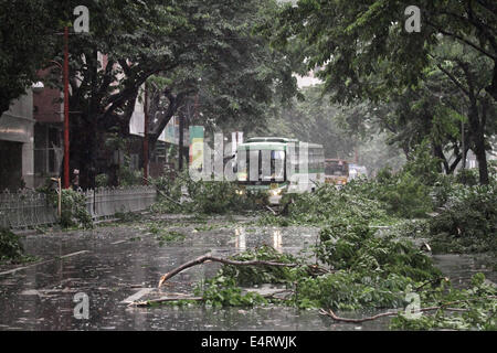 Manila, Philippinen. 16. Juli 2014. Ein s-Bus macht seinen Weg durch die Trümmer von Taifun Rammasun am 16. Juli 2014 gebracht. Taifun Rammasun (lokal bekannt als Glenda) hatte maximale Windgeschwindigkeiten von 150 km/h und Böen von bis zu 185 km/h, wenn es Metro Manila getroffen. Über das Land hatte etwa 400.000 Menschen aus ihren Häusern geflohen und geschützt in Evakuierungszentren, nach der Katastrophe-Vorstandes. Bildnachweis: ZUMA Press, Inc./Alamy Live-Nachrichten Stockfoto