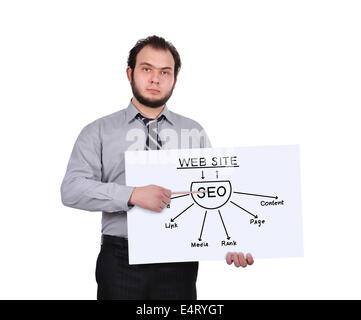 Geschäftsmann, Bleistift auf Seo-Schema auf Poster zeigen Stockfoto