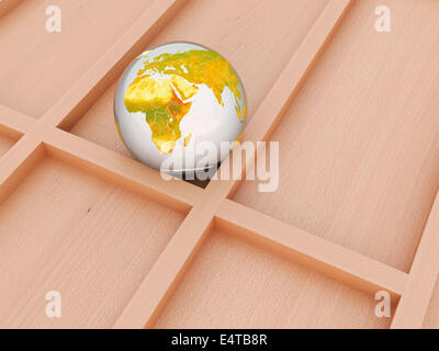 Digitale Illustration von Glas Marmor bedeckt mit Weltkarte, Afrika, Europa und Asien Stockfoto