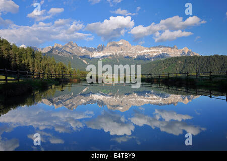 Rosengarten (Rosengarten-Gruppe) Bergen reflektiert in Lake, Kesselkogel, Laurinswand und Rosengartenspitze, Dolomiten, Italien Stockfoto