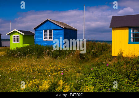 Feld und Beach Huts, Aeroskobing, Aero Insel, Halbinsel Jütland, Region Syddanmark, Dänemark, Europa Stockfoto