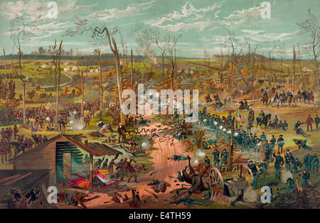 Schlacht von Shiloh - 6. April 1862 zeigt eine Fahrbahn, möglicherweise Korinth Road, Trennung von der Union unter dem Kommando von General San Diego, auf der rechten Seite zwingt und die konföderierten Streitkräfte auf der linken Seite.  USA Bürgerkrieg Stockfoto