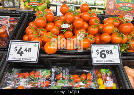 Melbourne Australien, Coles Central, Lebensmittelgeschäft, Supermarkt, Lebensmittel, Display-Verkauf produzieren, Tomaten, AU140319165 Stockfoto