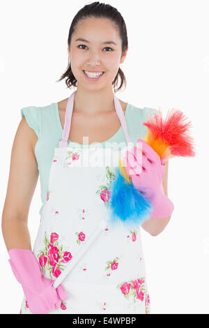 Frau mit einem Staubtuch Stockfoto