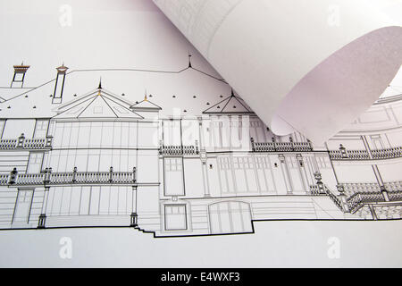 Bauzeichnungen des Gebäudes im aufgefalteten Zustand Stockfoto