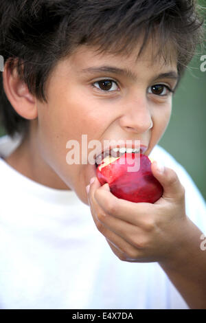 Junge, einen Apfel essen Stockfoto