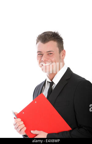 Glückliche junge Unternehmer trägt einen schwarzen Anzug Stockfoto