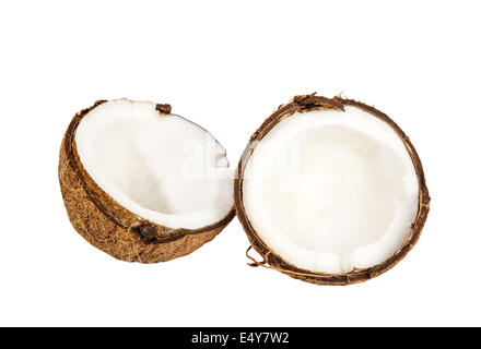 Zwei Hälften der Kokosnuss isoliert auf weiss Stockfoto