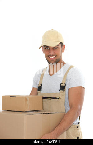 Arbeiter mit Boxen Stockfoto