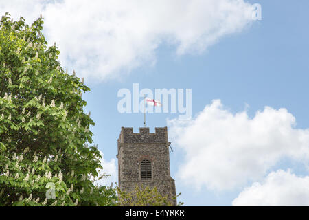 Shotesham All Saints Church St Georges Cross Flagge. Rosskastanie Baum in Blüte. Stockfoto