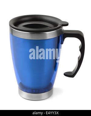 Blaue thermische Reisen Tasse isoliert auf weiss Stockfoto