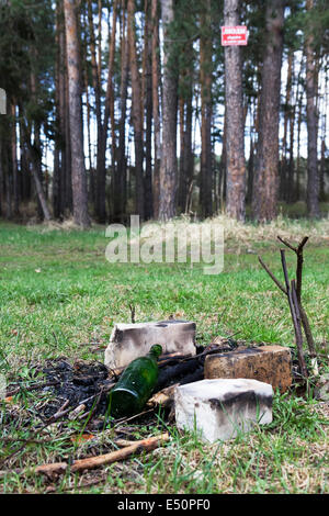 Schutt und erloschenen Lagerfeuer im Wald Stockfoto