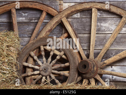 Alte Räder aus einem Warenkorb Stockfoto