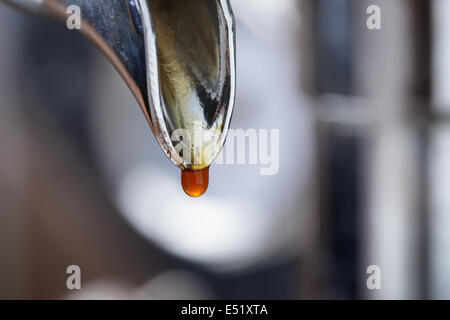letzten Tropfen Espresso Kaffeemaschine, Nahaufnahme Stockfoto
